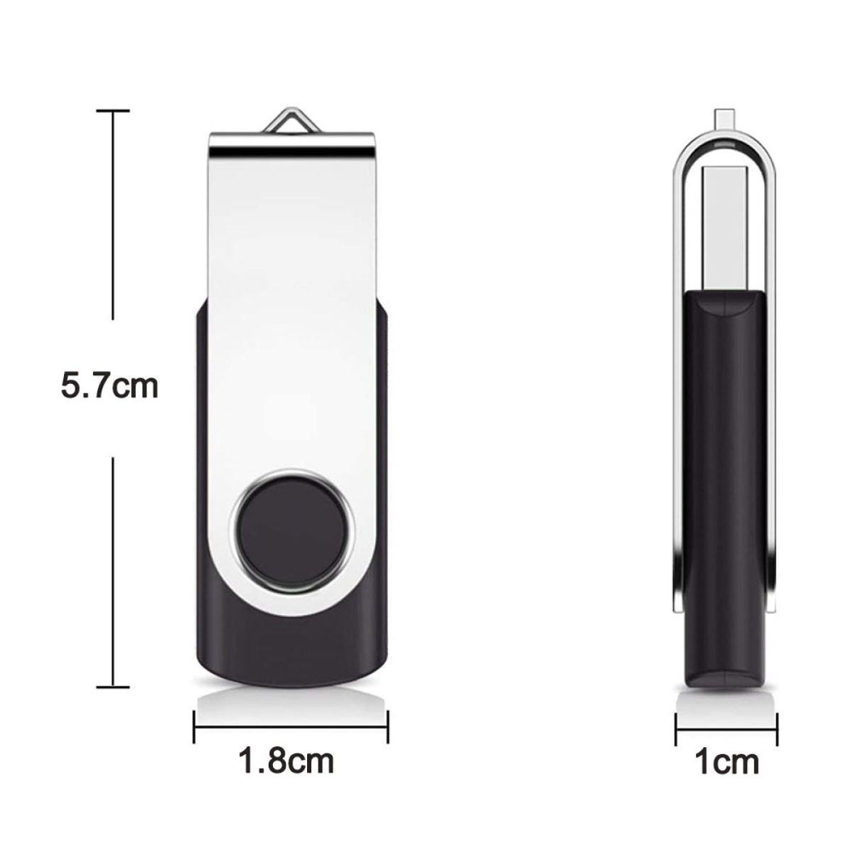 Silber-schwarzer USB-Stick, mit Abmessungen in Zentimetern beschriftet: 5,7 cm lang, 1,8 cm breit, 1 cm dick.