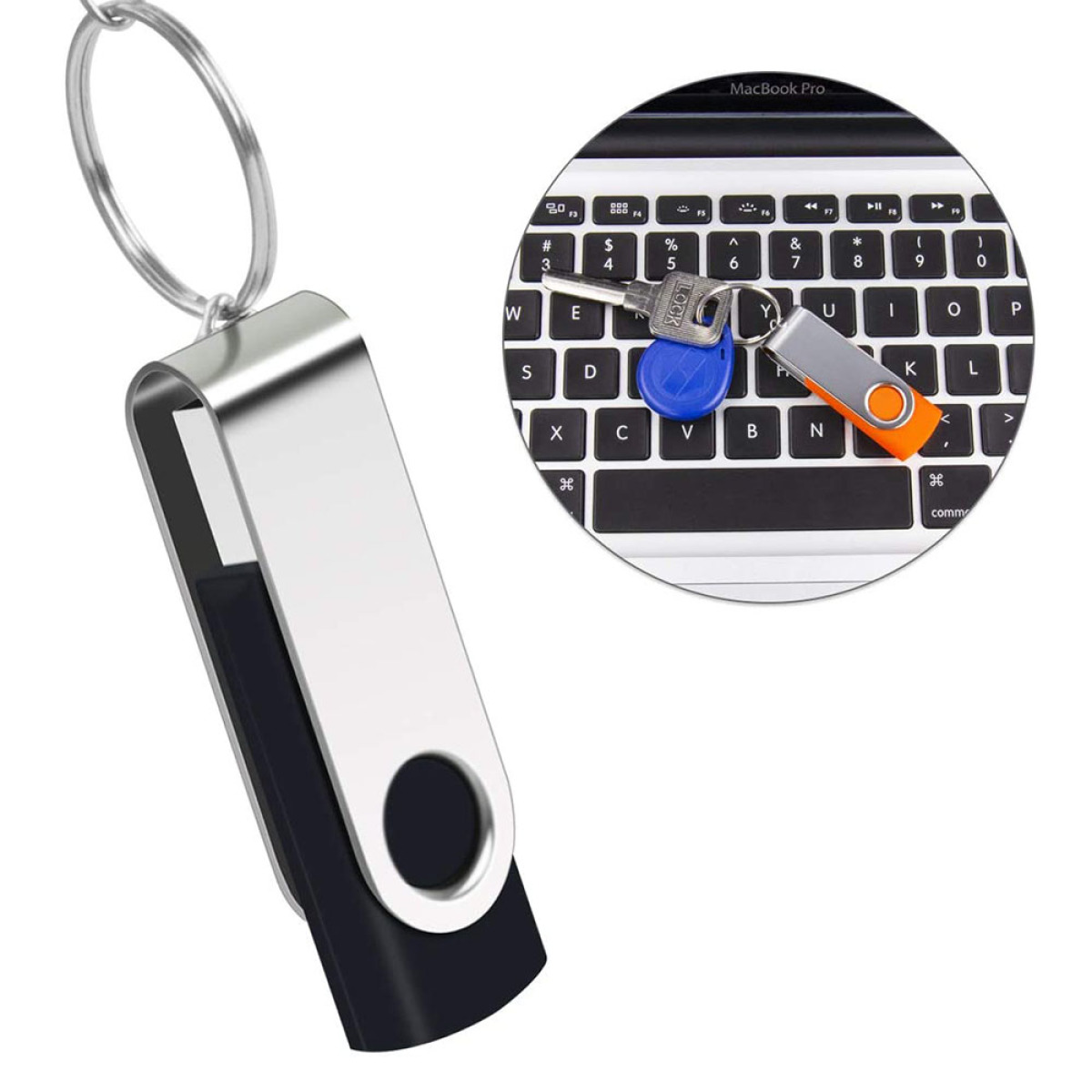 Ein USB-Stick mit Schlüsselanhänger, Schlüsseln und einer Laptop-Tastatur im Hintergrund.