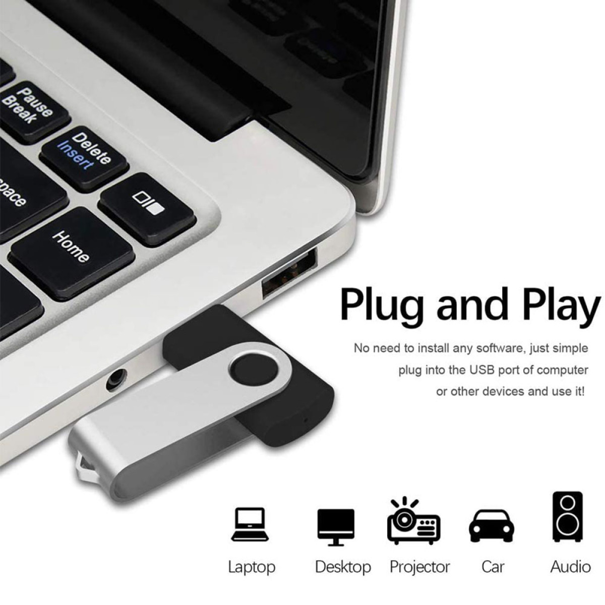 Ein USB-Laufwerk wird in einen Laptop gesteckt. Text sagt 'Plug and Play'.