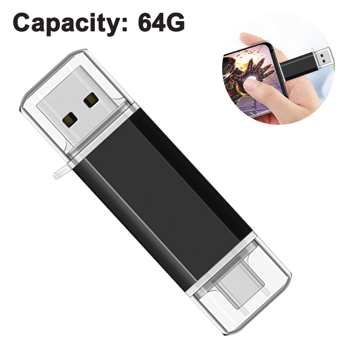 Schwarzer USB-Stick mit transparentem Deckel. Bild zeigt Telefon mit USB-Anschluss.