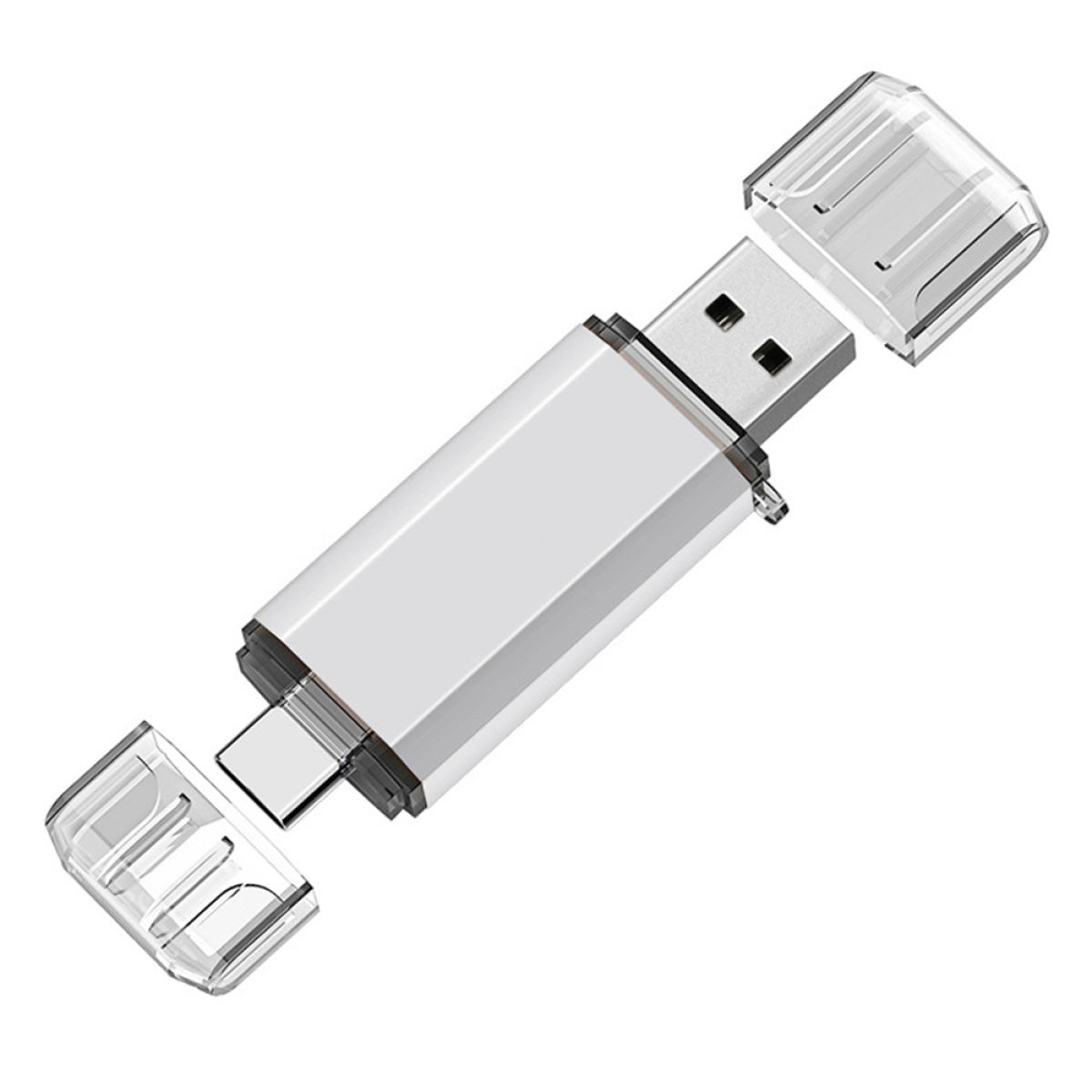 Ein silberner und durchsichtiger USB-Stick. Er hat einen USB-A- und USB-C-Anschluss.