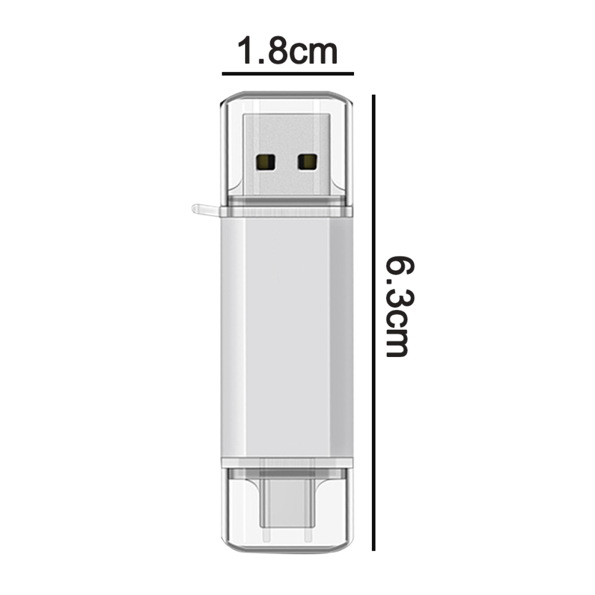 Ein weißer USB-Stick mit Maßen, 1,8 cm breit und 6,3 cm lang, vor weißem Hintergrund.