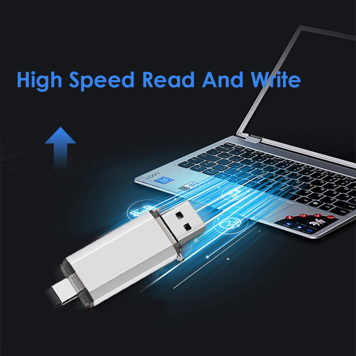 Silberner USB-Stick mit blauem Pfeil und Text 'High Speed Read And Write' vor dunklem Hintergrund.