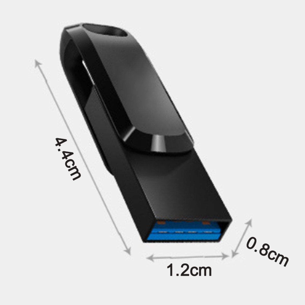 Schwarzer USB-Stick mit den Abmessungen 4,4 cm x 1,2 cm x 0,8 cm, mit blauem Anschluss.