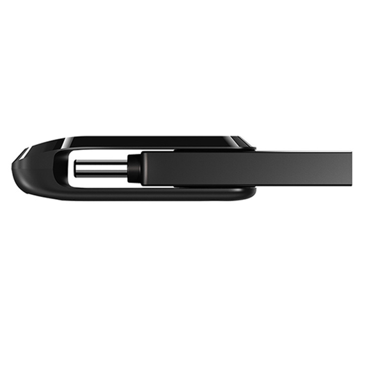 Schwarzer USB-Stick, Seitenansicht. Er hat einen schwarzen Körper und einen USB-Anschluss.