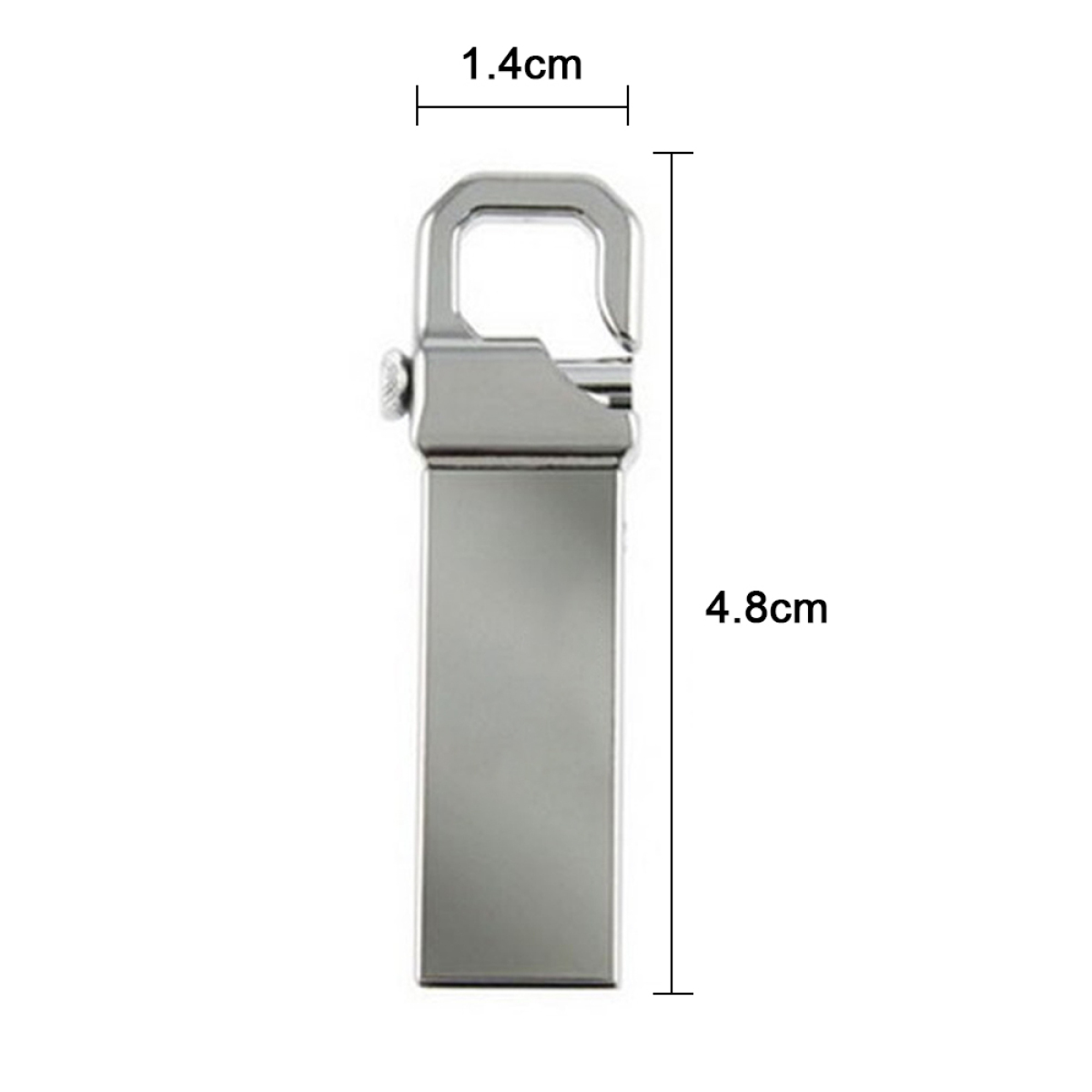 Silberner USB-Stick mit Loch für ein Schlüsselband und den Maßen 1,4 cm x 4,8 cm.