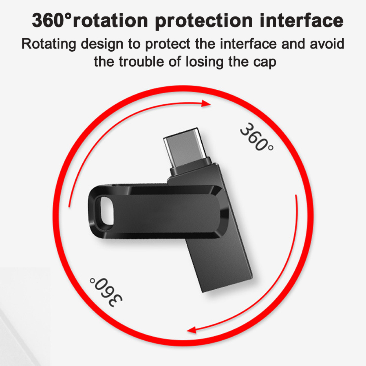 Schwarzer USB-Stick mit drehbarem Deckel, roter Kreis, Text oben.