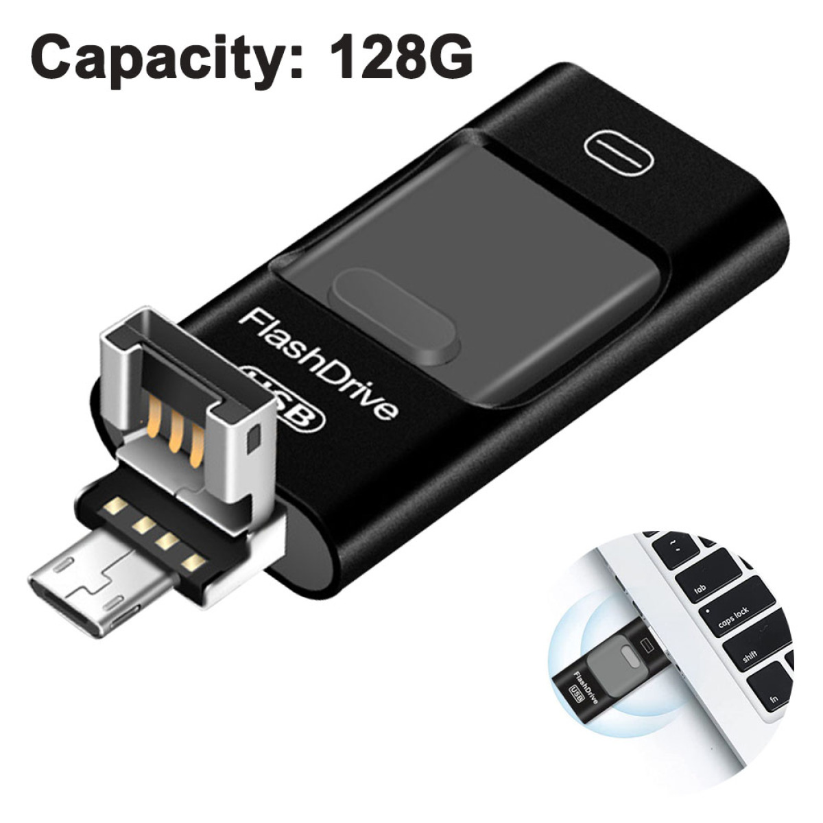 Schwarzer und silberner USB-Stick mit USB- und Micro-USB-Anschluss. Die Kapazität beträgt 128 GB.