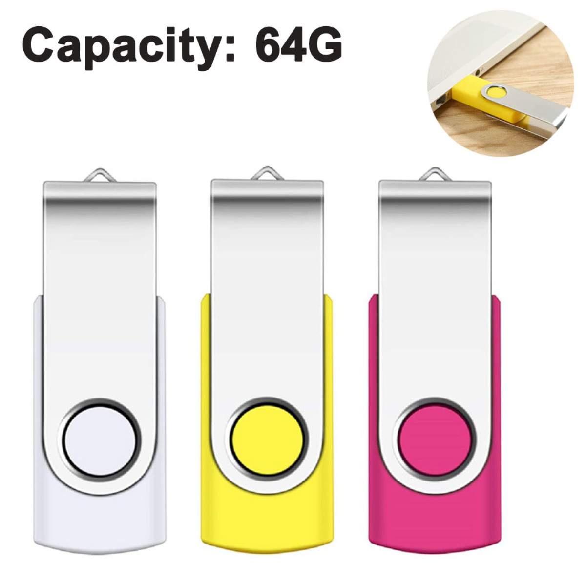 Drei USB-Sticks: weiß, gelb und rosa. Kapazitätstext: 64G. Nahaufnahme eines USB-Sticks in einem Laptop.