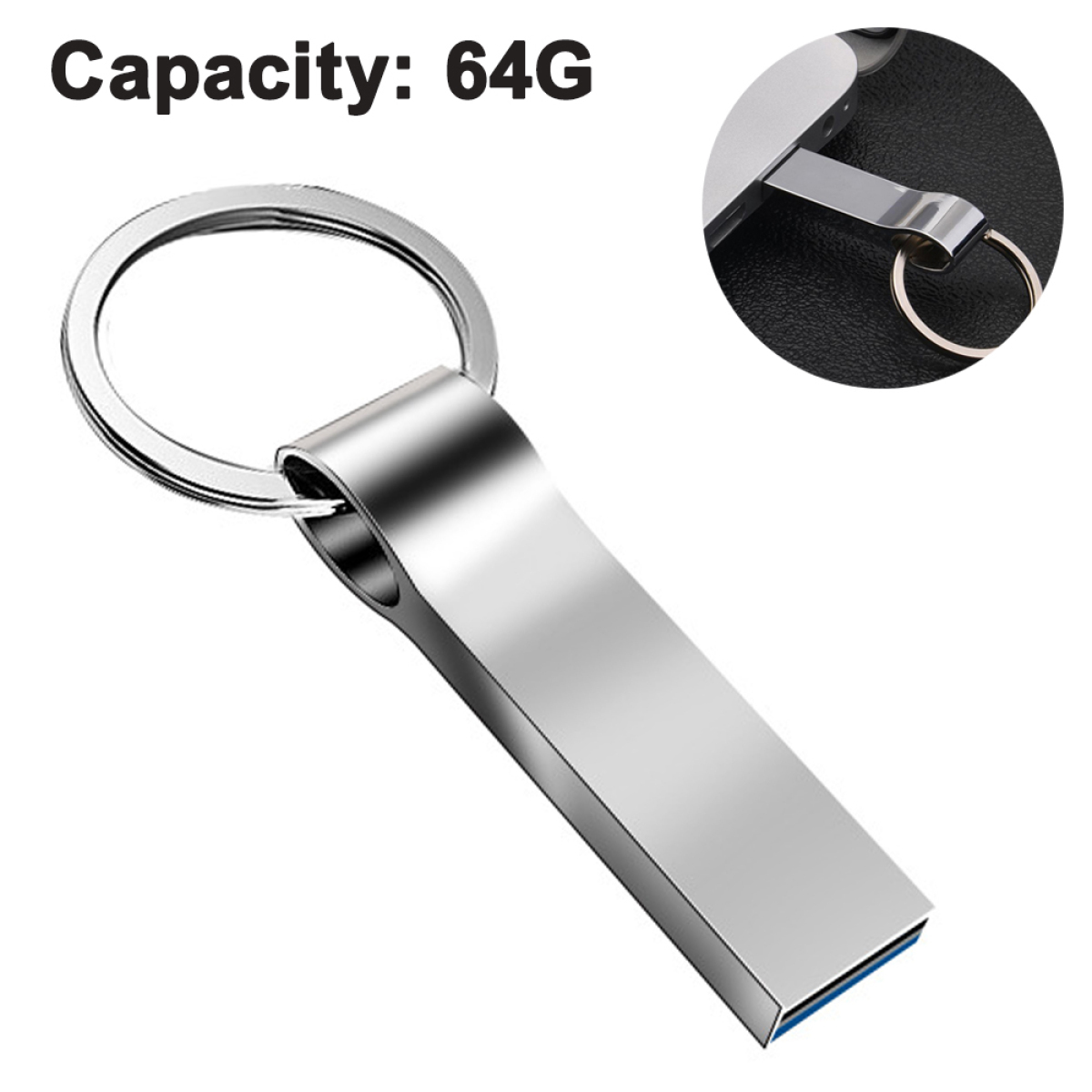 Ein silberner USB-Stick an einem Ring. Der Stick hat eine blaue Spitze und 'Capacity: 64G' steht oben.