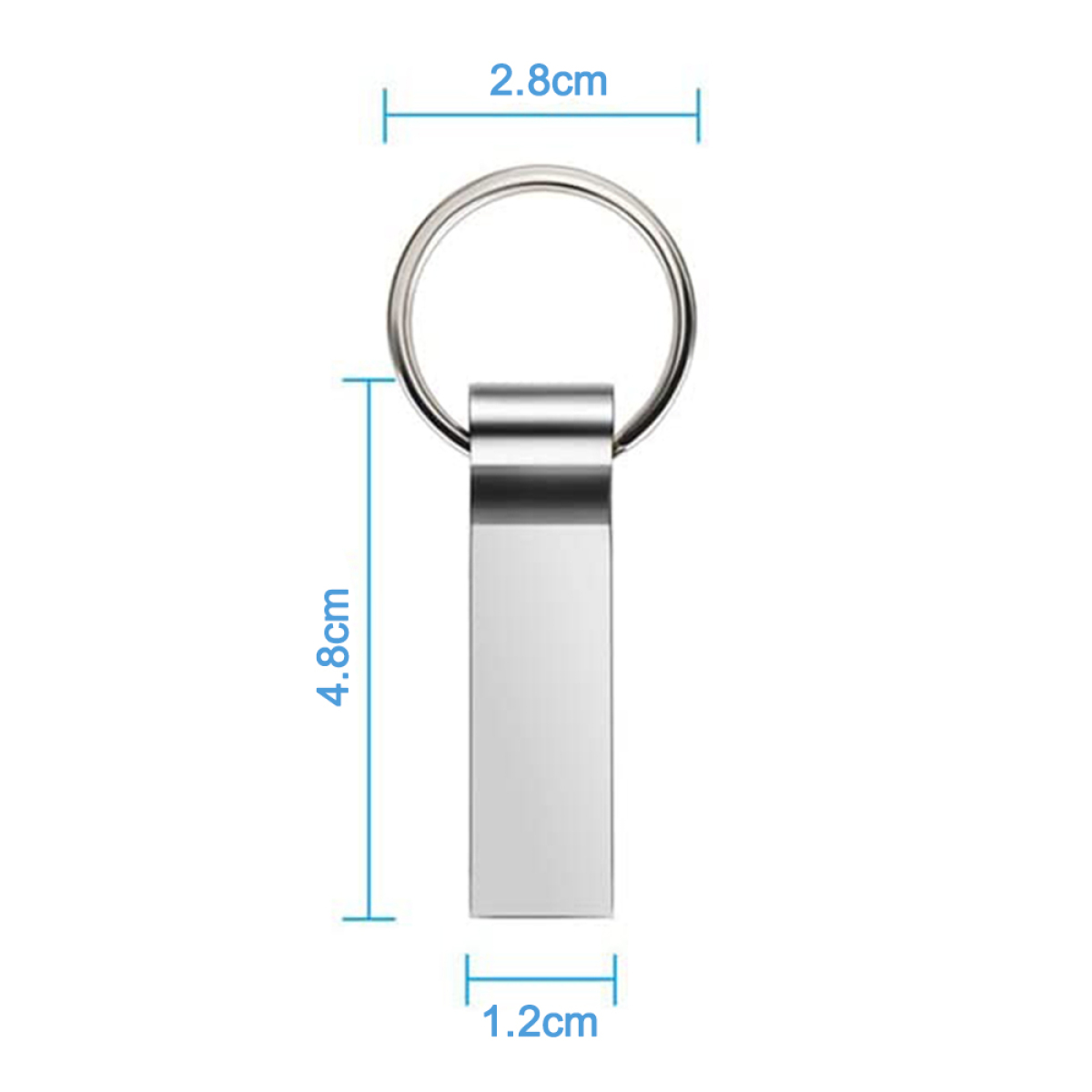 Ein silberner USB-Stick mit einem Schlüsselring.