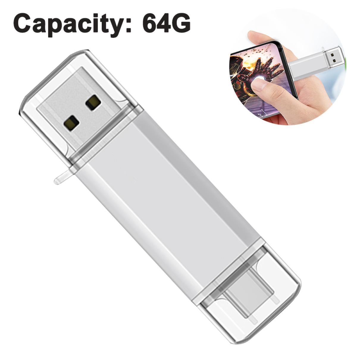 Ein weißer zweiseitiger USB-Stick mit einem Telefon, das ihn benutzt. Weißer Hintergrund und 64G Text.