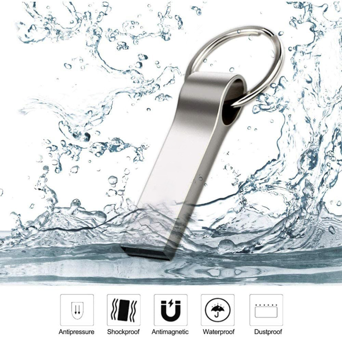 Ein silberner USB-Stick mit Schlüsselring, der im Wasser schwebt, mit Symbolen darunter.