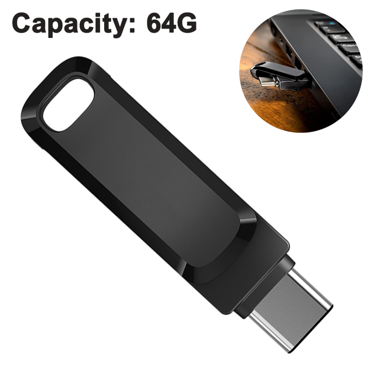 Schwarzer USB-Stick mit 64G Kapazität und Anschlussbeispiel an einem Laptop.