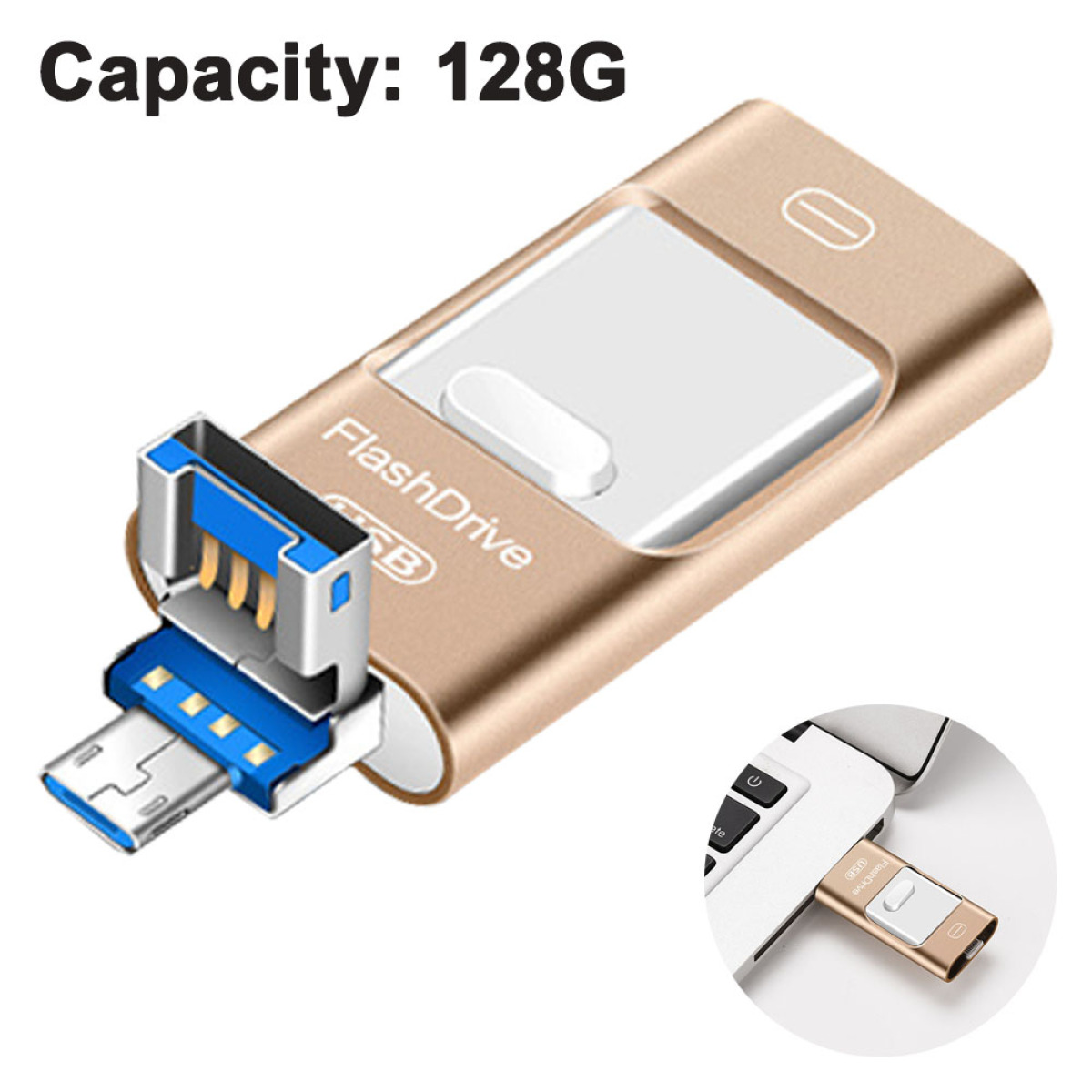 Goldener USB-Stick mit blauem Stecker. Text: FlashDrive.