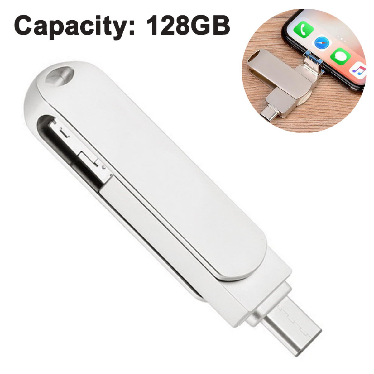 Silberner USB-Stick mit USB-C- und USB-A-Anschluss, 128 GB Kapazität, und Telefon.