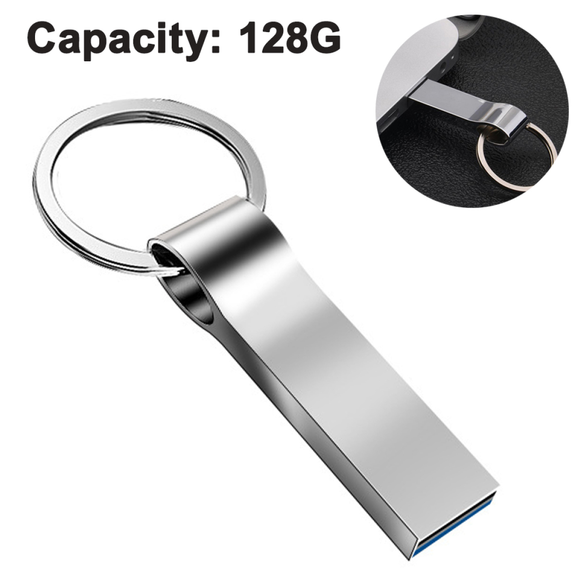 Silberner USB-Stick mit Schlüsselring und einem kleineren Bild des USB-Sticks im Anschluss.