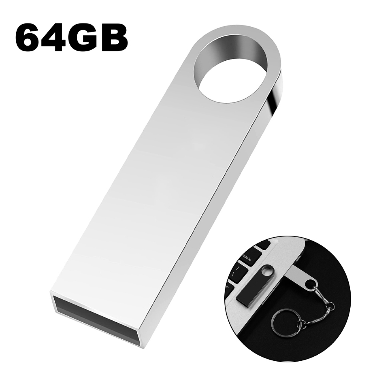 Silberner USB-Stick mit Loch für Schlüsselring. Der Stick ist mit '64GB' beschriftet.