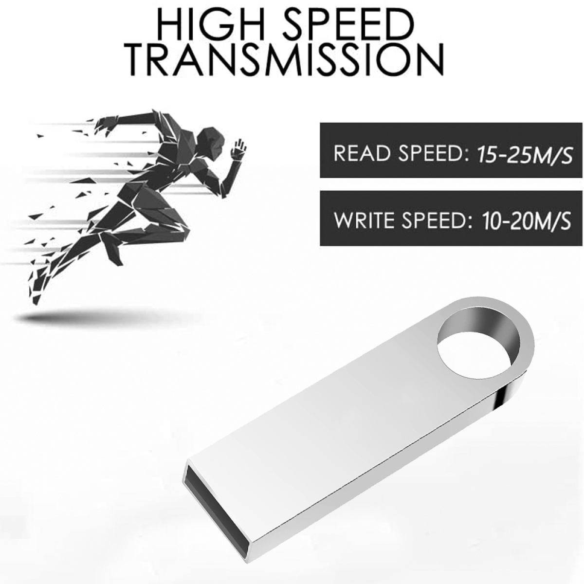 Ein silberner USB-Stick mit Text über Hochgeschwindigkeitsübertragung und Lese-/Schreibgeschwindigkeiten.