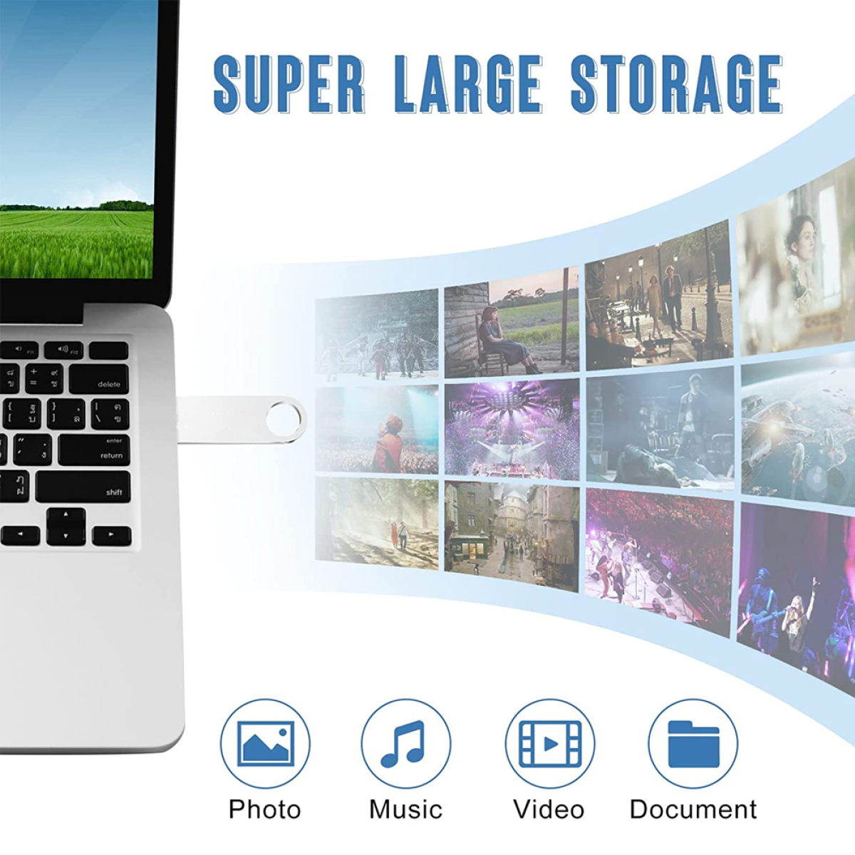 Laptop mit eingestecktem USB-Laufwerk. Der Bildschirm zeigt Symbole für Fotos, Musik, Video und Dokumente.