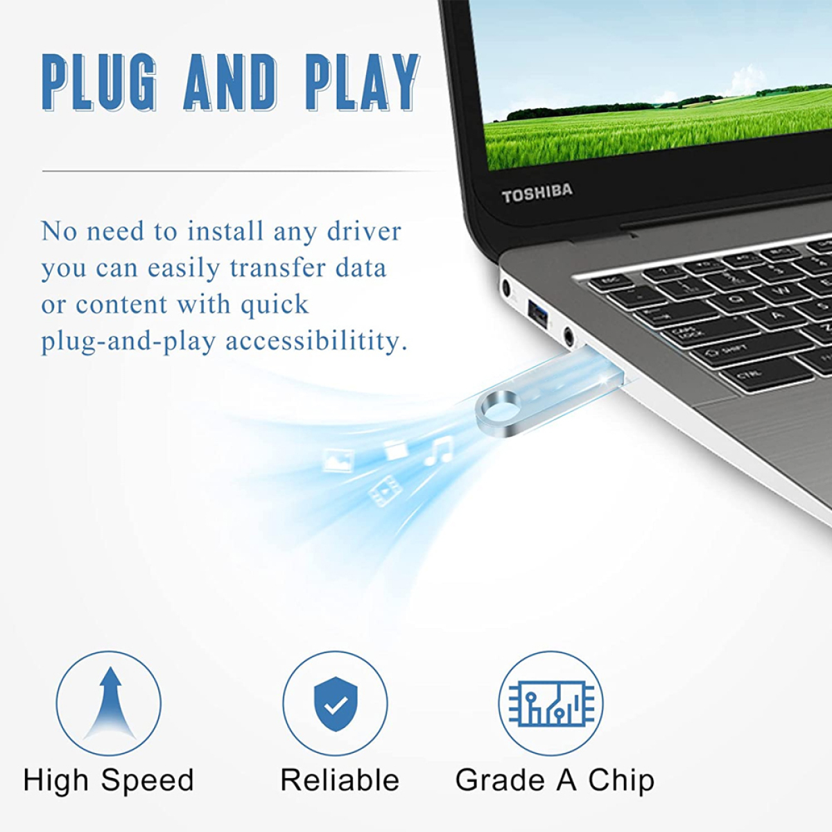 Toshiba-Laptop mit eingestecktem USB-Laufwerk, Text erwähnt Plug-and-Play und hohe Geschwindigkeit.