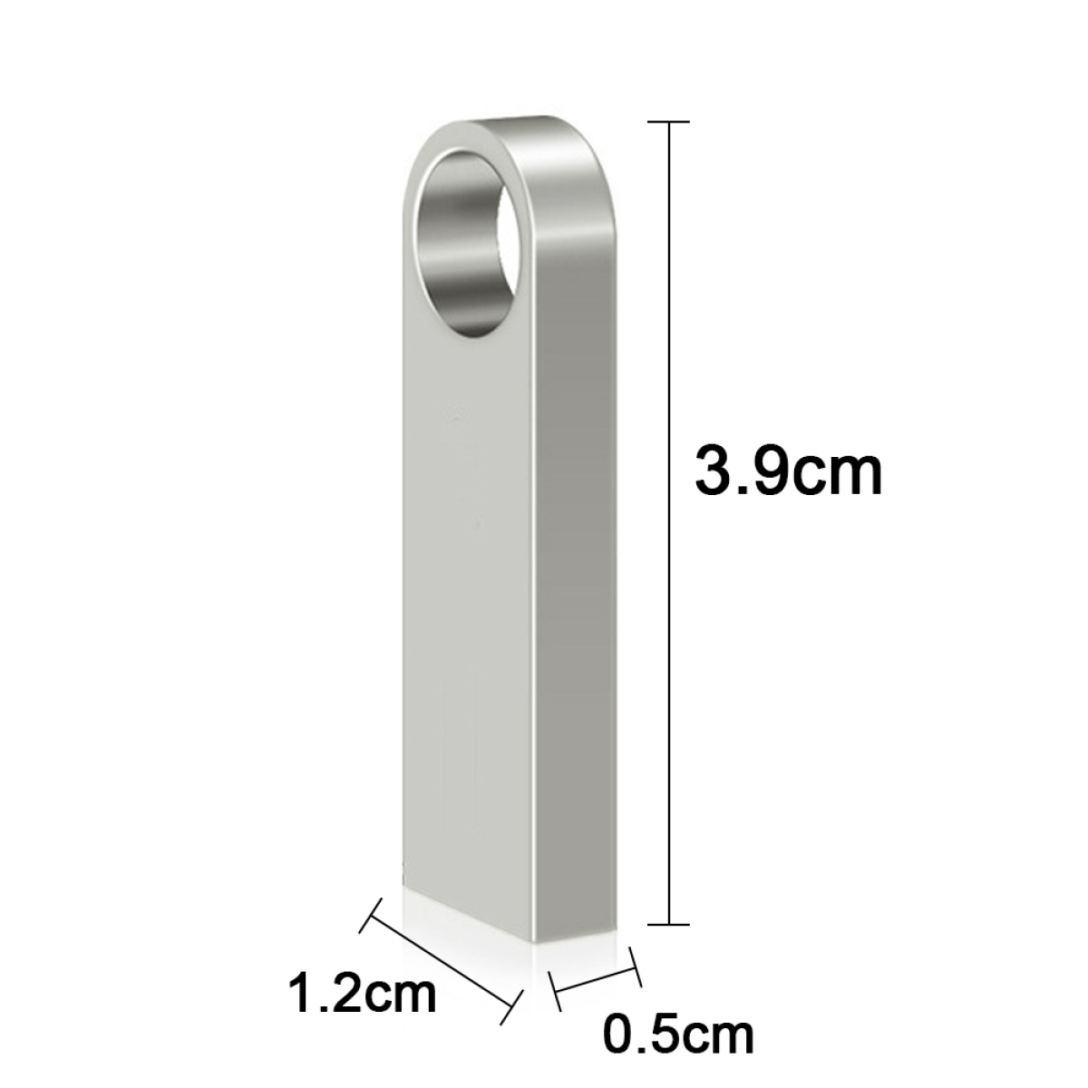Silberner USB-Stick. Abmessungen: 3,9 cm lang, 1,2 cm breit, 0,5 cm dick, mit Schlaufe oben.