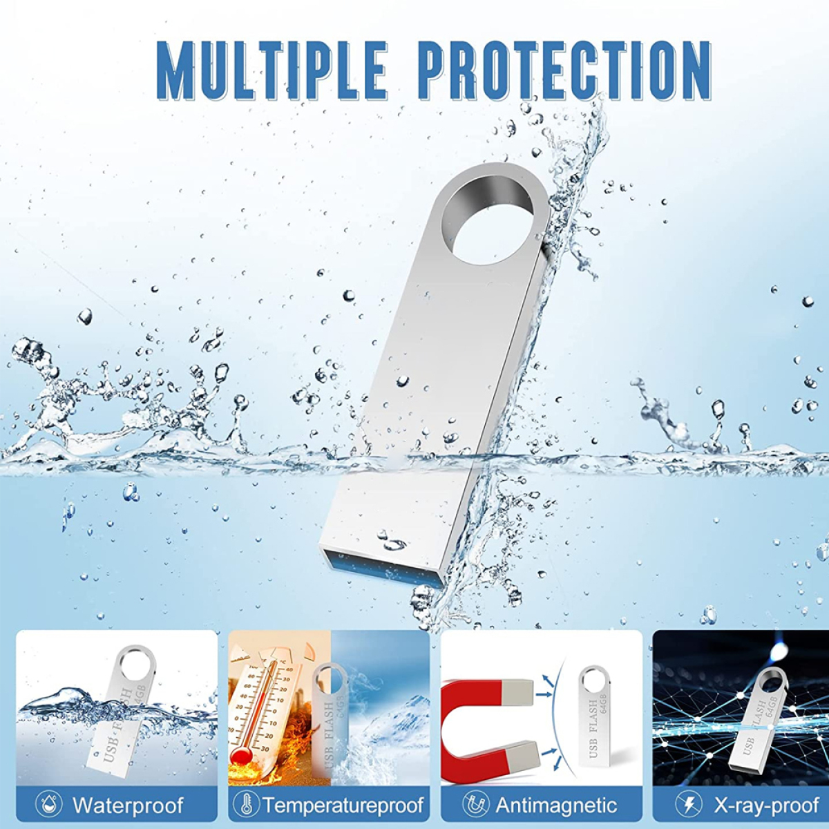 Silberner USB-Stick mit Wasserspritzer und Symbolen für wasserdicht, temperaturbeständig, antimagnetisch und röntgensicher.