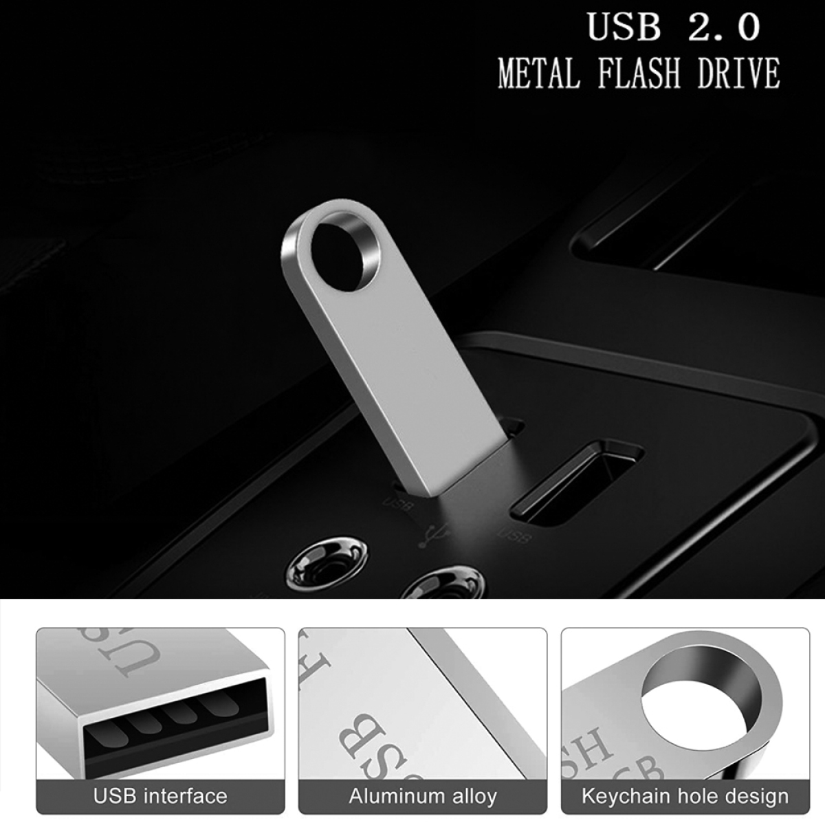 Silberner USB-Stick, Nahaufnahme. USB-Schnittstelle, Aluminiumlegierung und Schlüsselanhänger.