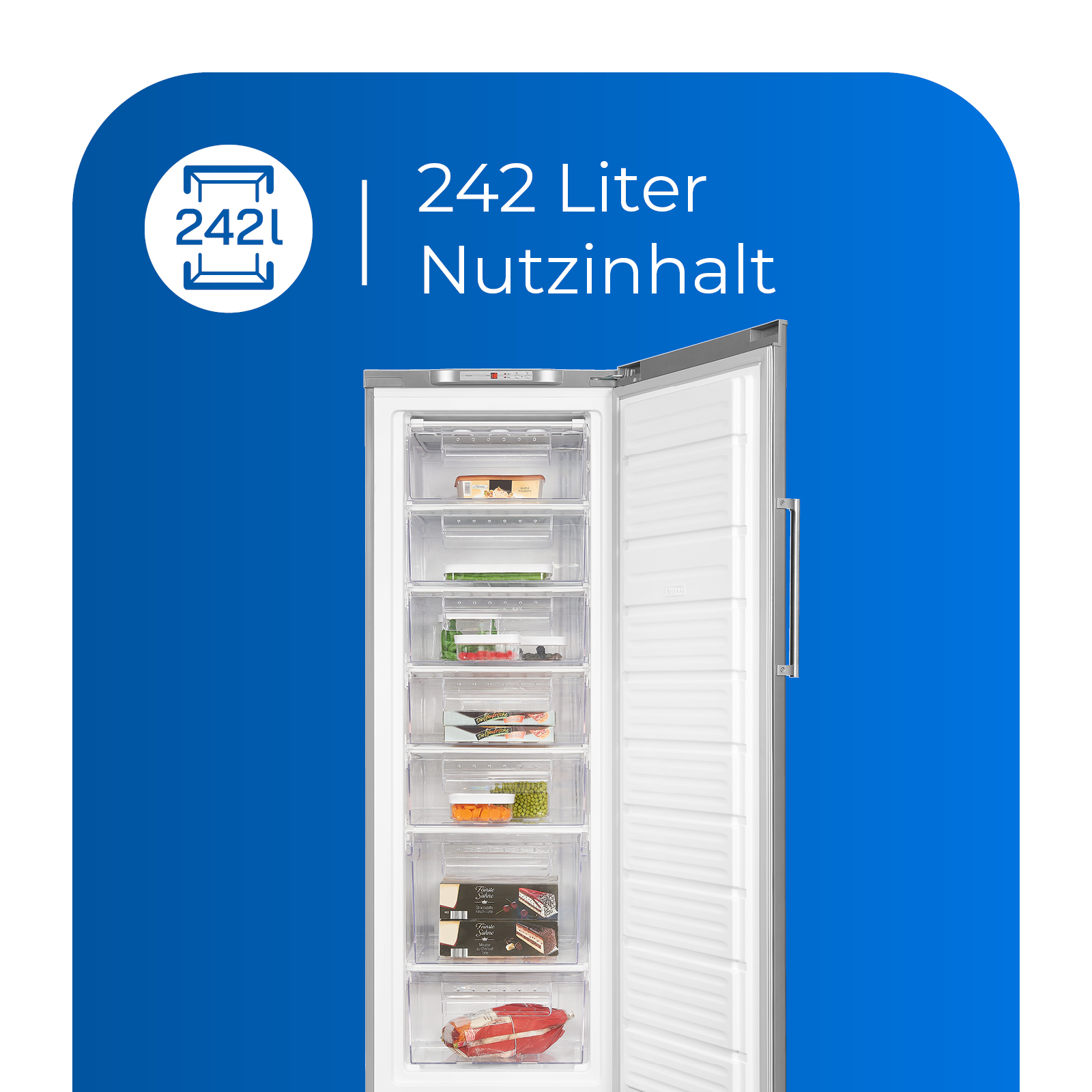 Offener Gefrierschrank mit durchsichtigen Schubladen. Kapazität: 242 Liter.