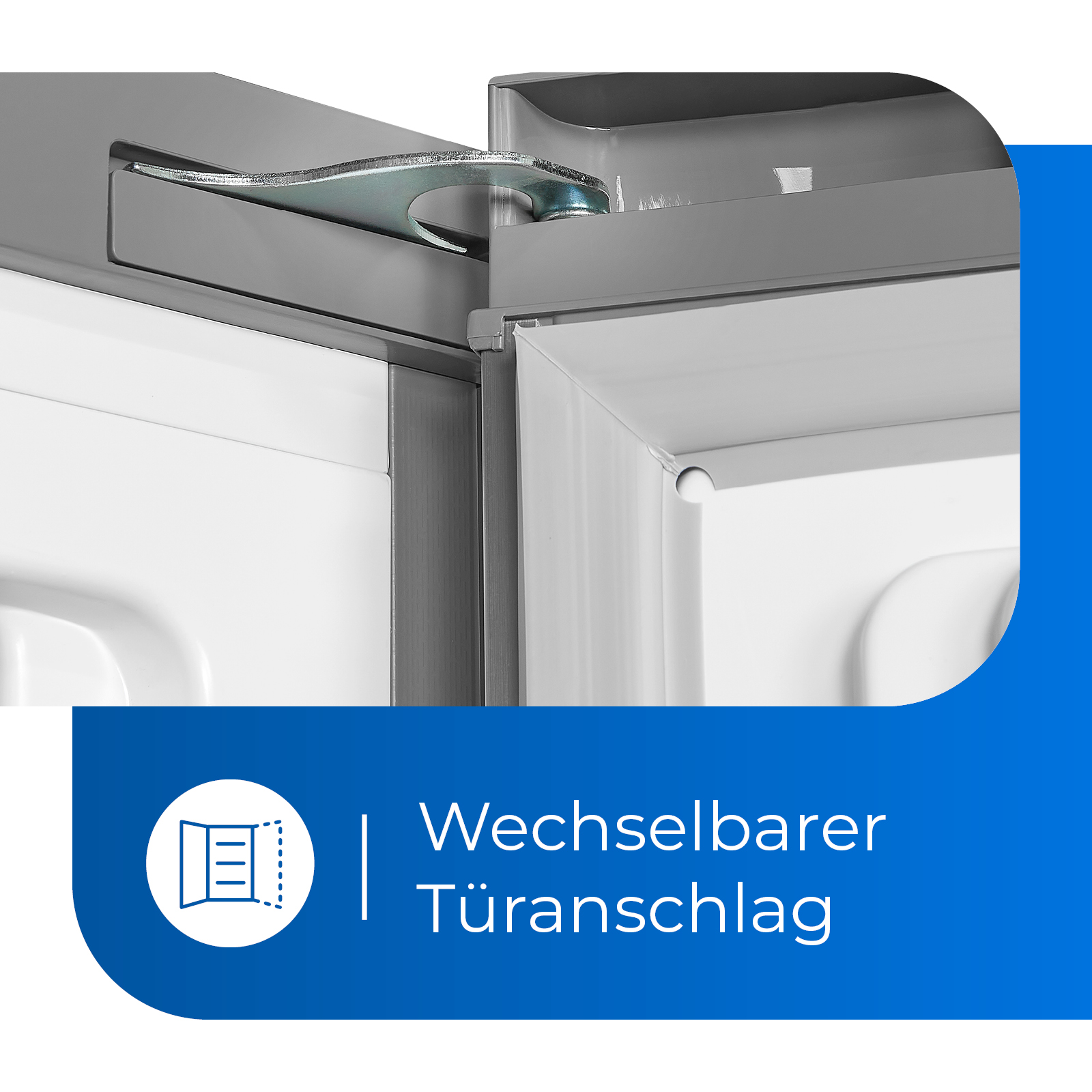 Nahaufnahme eines Kühlschranktürscharniers, Mechanismus sichtbar. Text: 'Wechselbarer Türanschlag'.