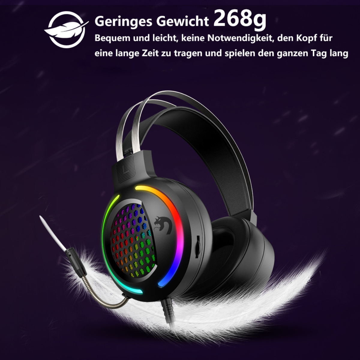 Schwarze Gaming-Kopfhörer mit bunten Lichtern und Mikrofon, auf lila Hintergrund.