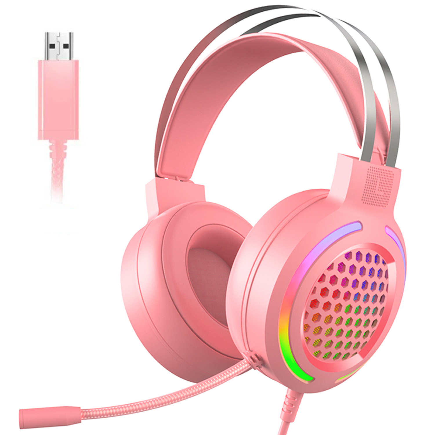 BYTELIKE Pinke Kopfhörer mit Over-ear Design, geräuschunterdrückendes rosa RGB-beleuchtet, Kopfbügel Kopfhörer 