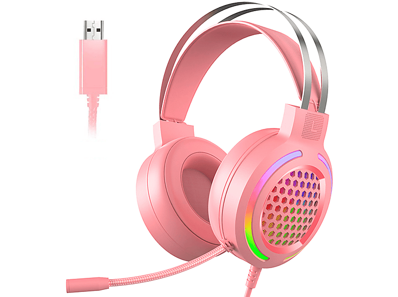 BYTELIKE Pinke Kopfhörer mit Kopfbügel - geräuschunterdrückendes Design, RGB-beleuchtet, Over-ear Kopfhörer rosa