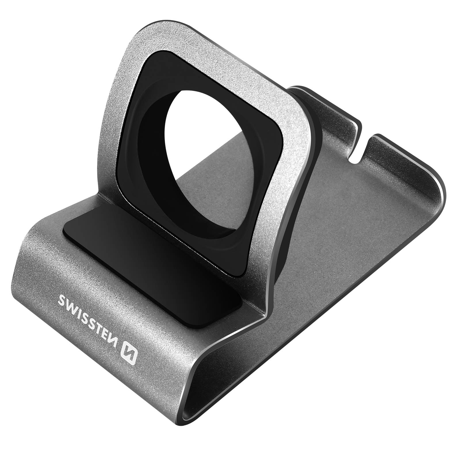 Silberner Apple Watch Ständer. Schwarzer Silikoneinsatz. Weißer Hintergrund.