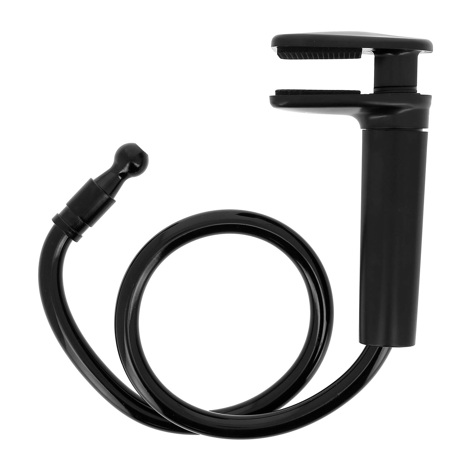 Schwarzer Schwanenhals-Telefonhalter mit flexiblem Arm und Telefonclip, auf weißer Oberfläche.