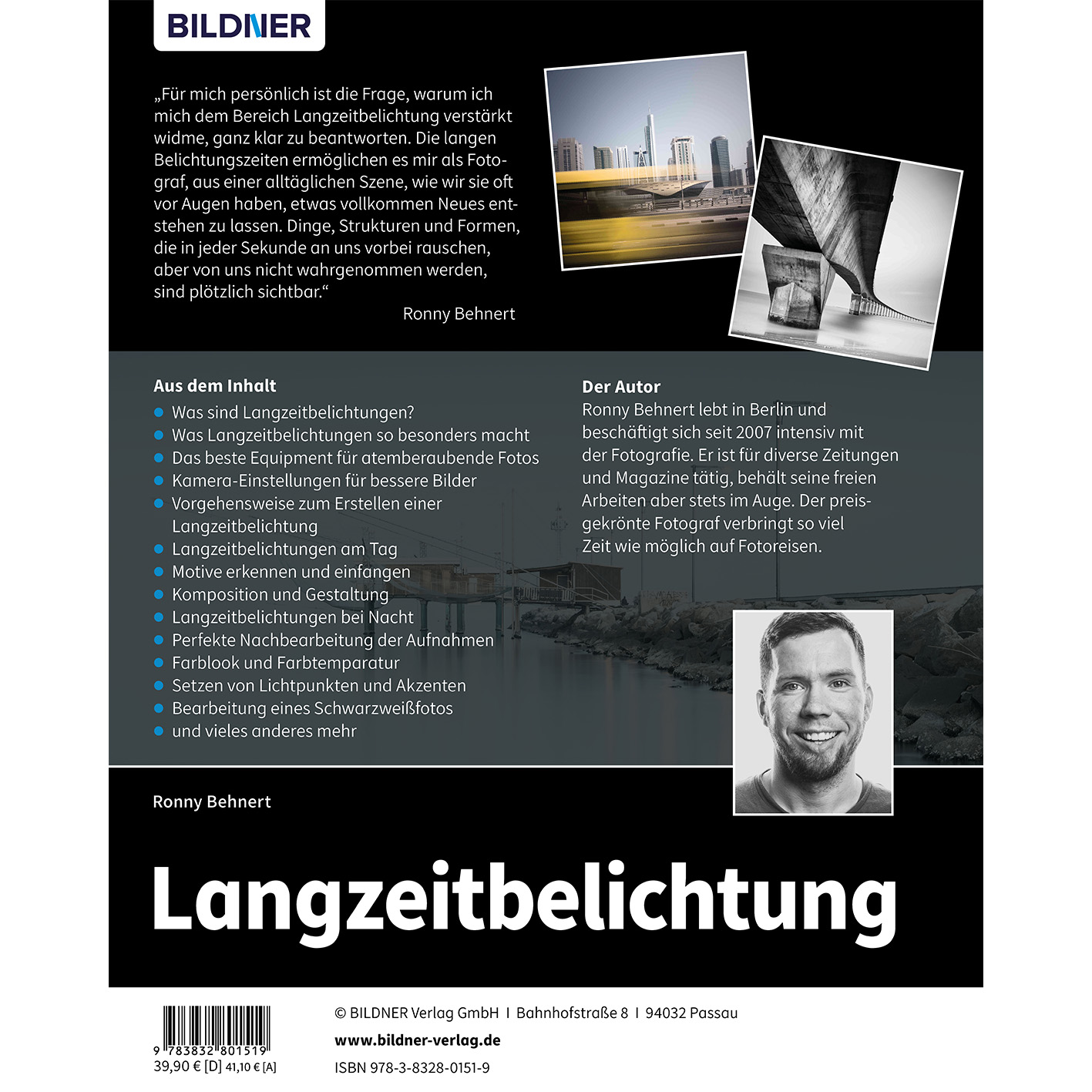 Buchcover mit Text und Bildern, ein Foto eines Mannes in der Ecke. Weißer und grüner Text auf schwarzem Hintergrund.