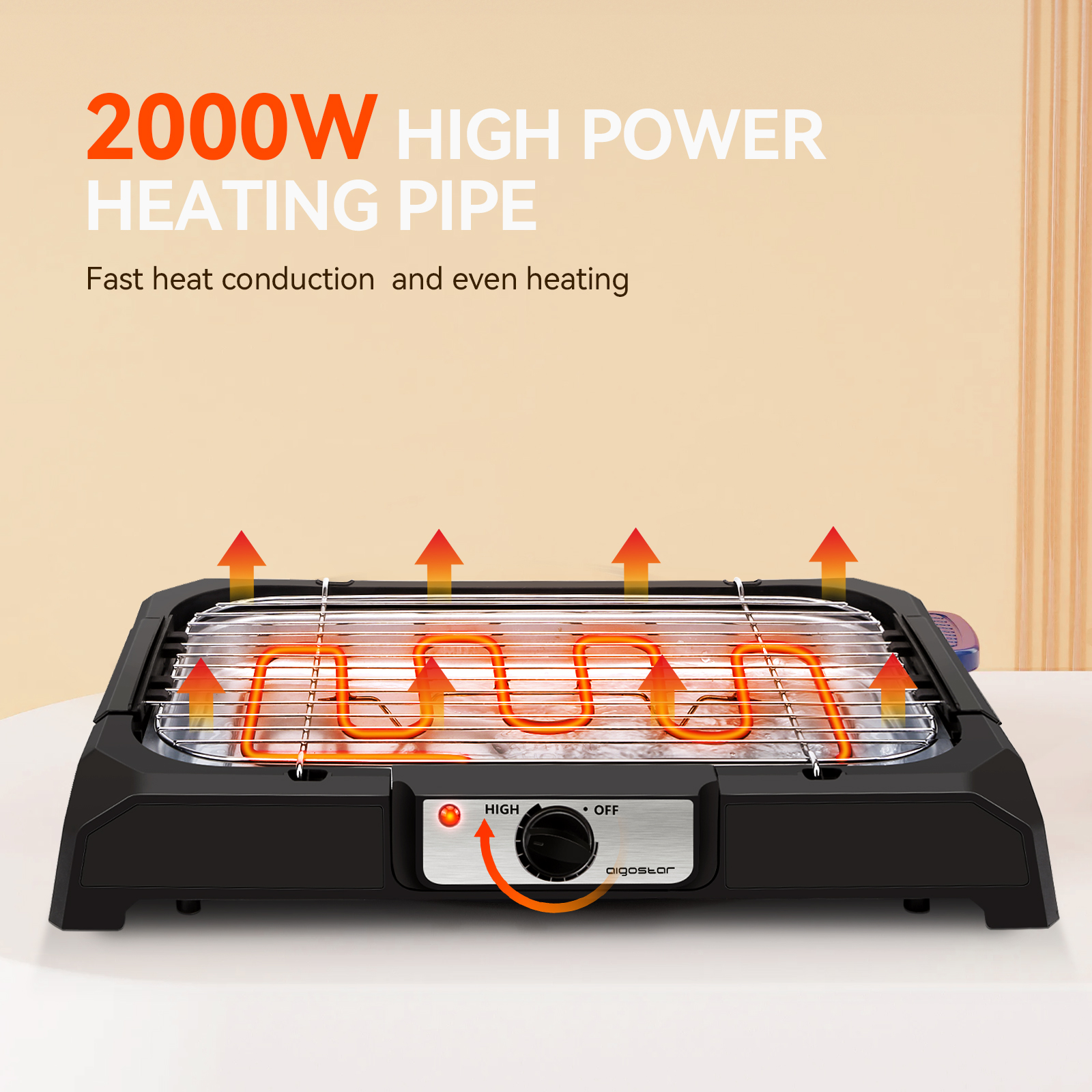 Parrilla eléctrica negra con elementos calefactores y flecha que indica calor.