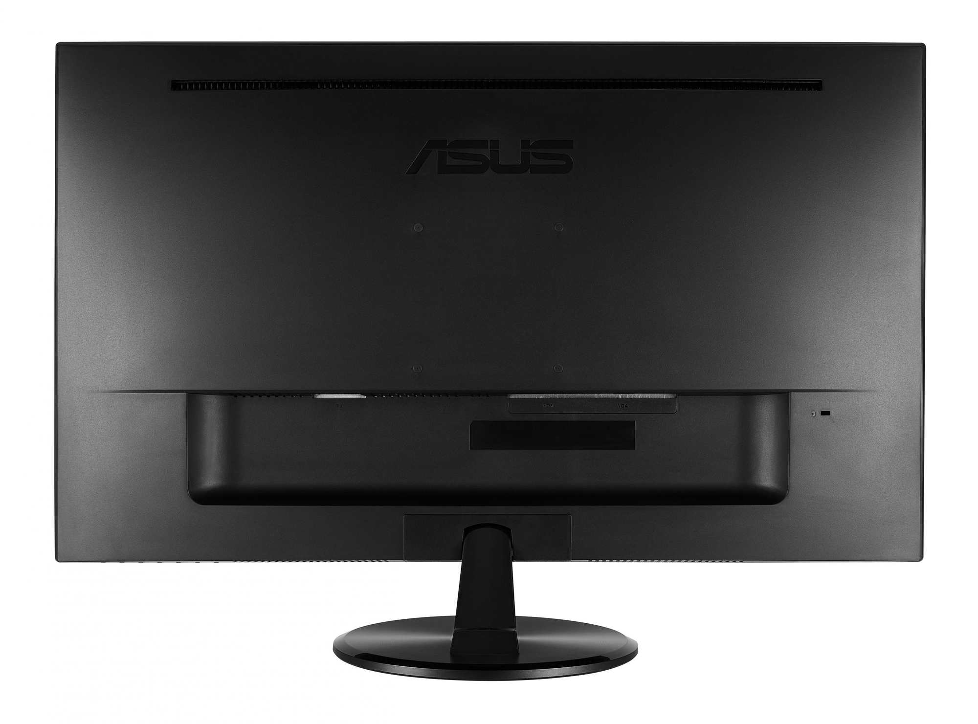 Tył czarnego monitora ASUS. Logo ASUS jest widoczne. Do monitora przymocowany jest stojak.