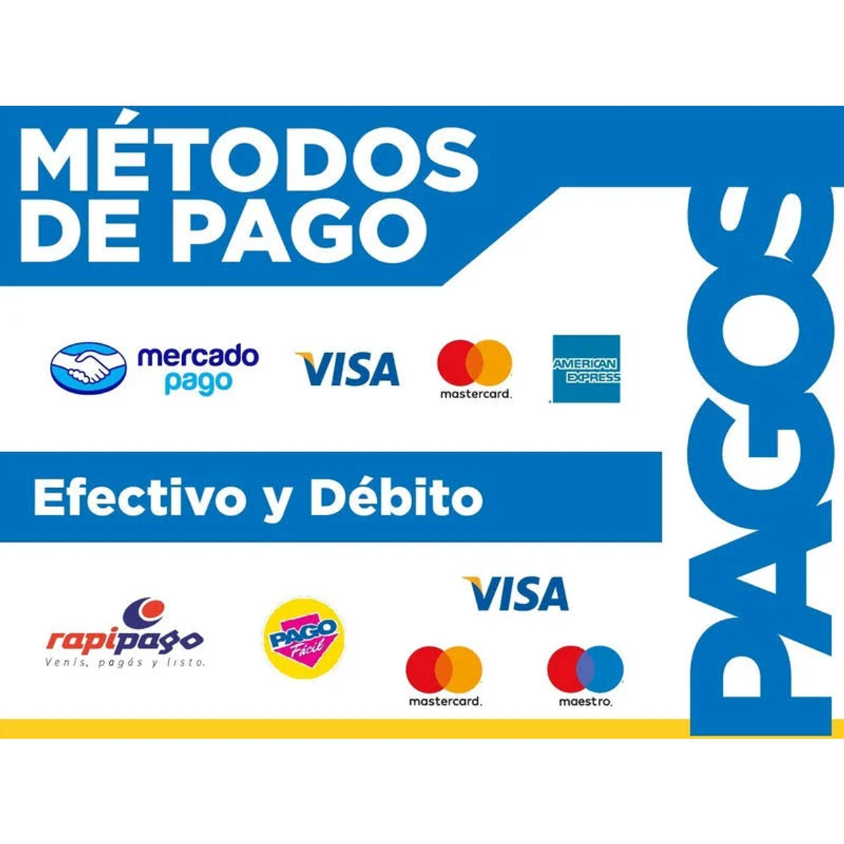 Grafika metod płatności, w tym Mercado Pago, Visa, Mastercard i American Express.