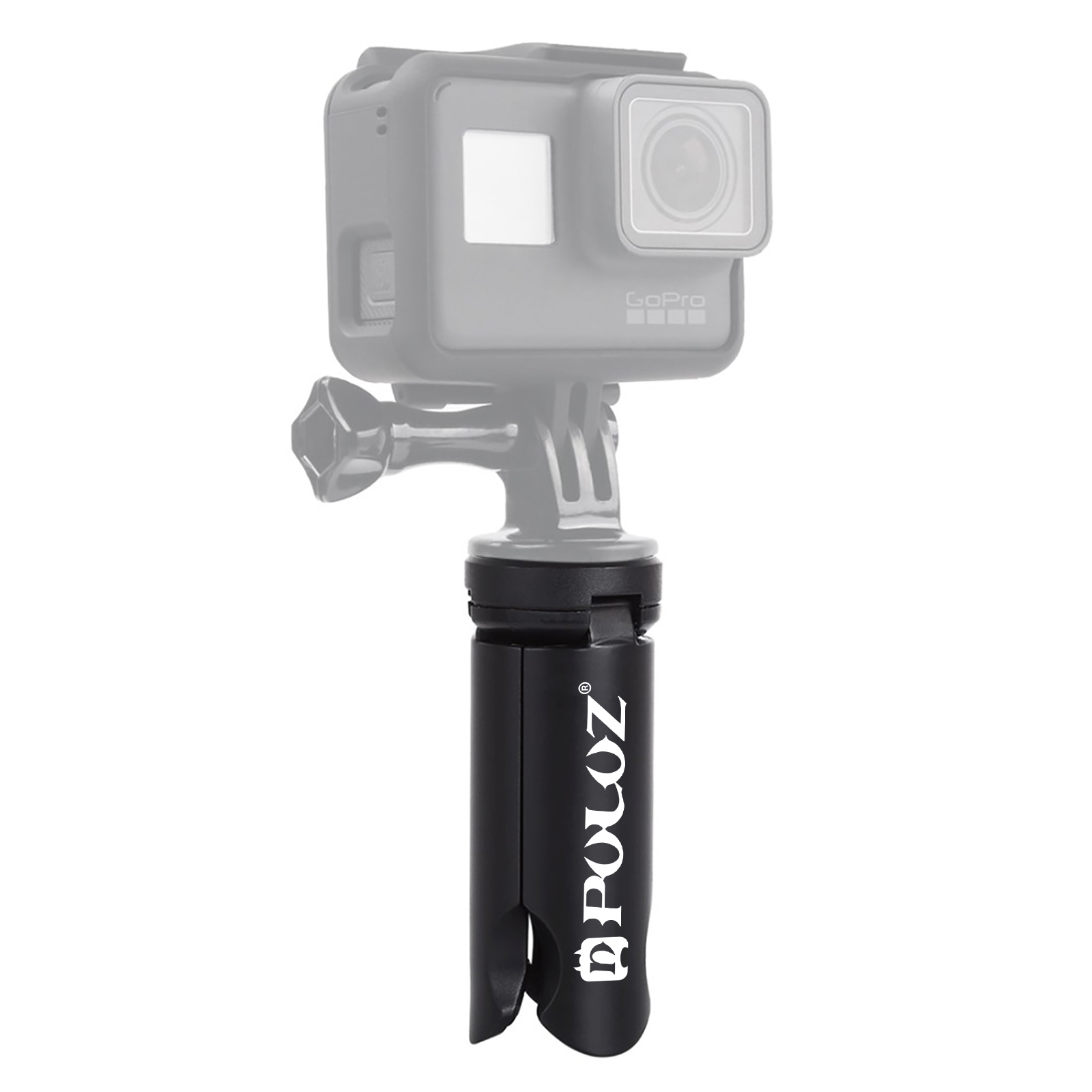 Impugnatura nera per una fotocamera con una GoPro montata, logo bianco sull'impugnatura.