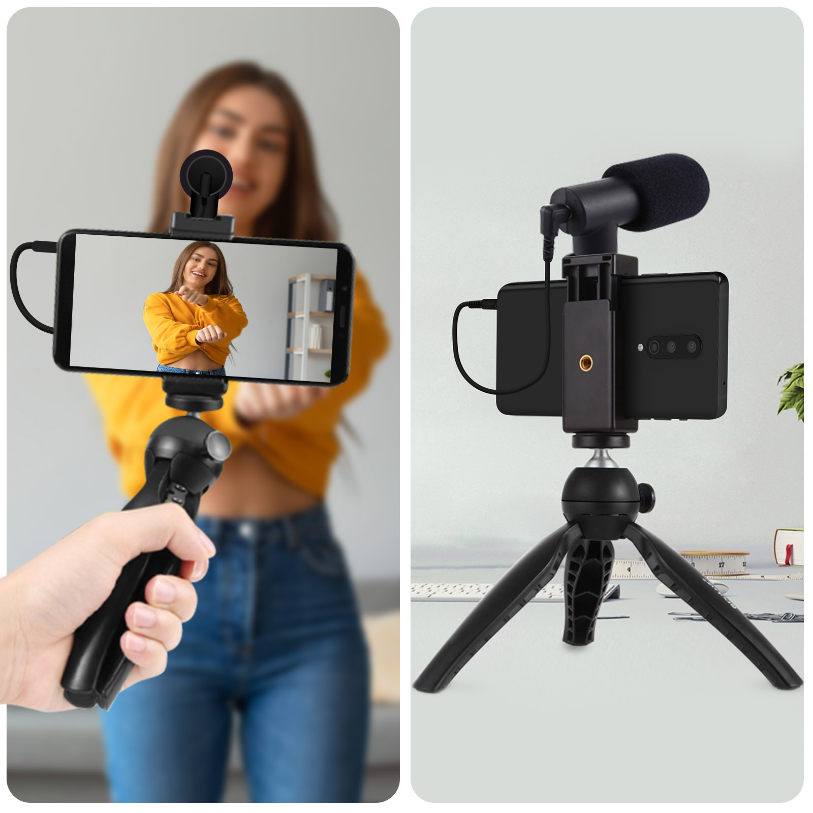 Una persona filmando con un teléfono y micrófono en un trípode, con otra persona al fondo.