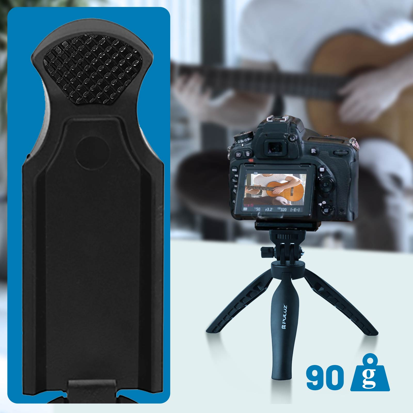 Un supporto per fotocamera nero con una fotocamera sopra, un oggetto nero a sinistra e un'indicazione del peso di 90g.