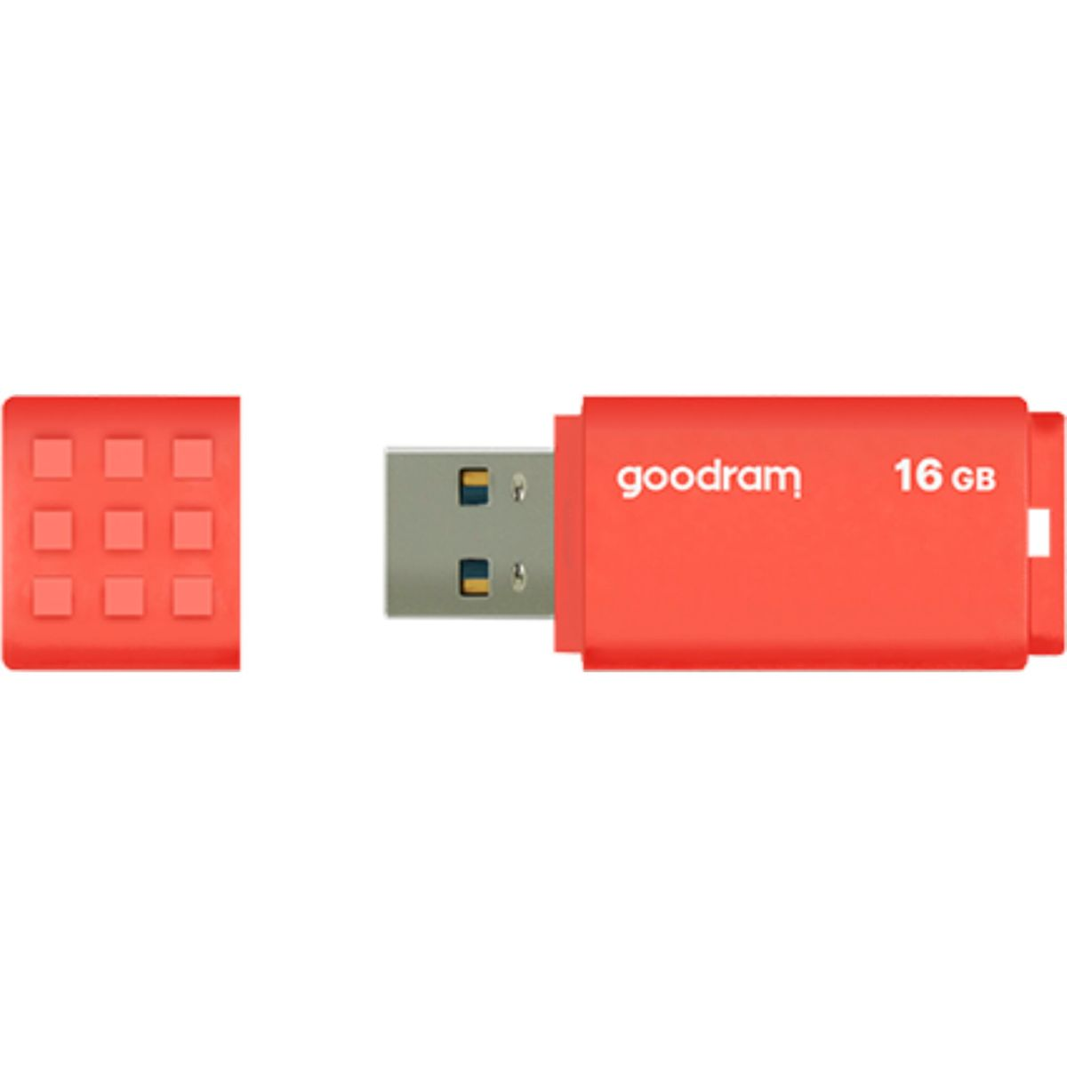 Pomarańczowy pendrive z ochronną zatyczką obok.