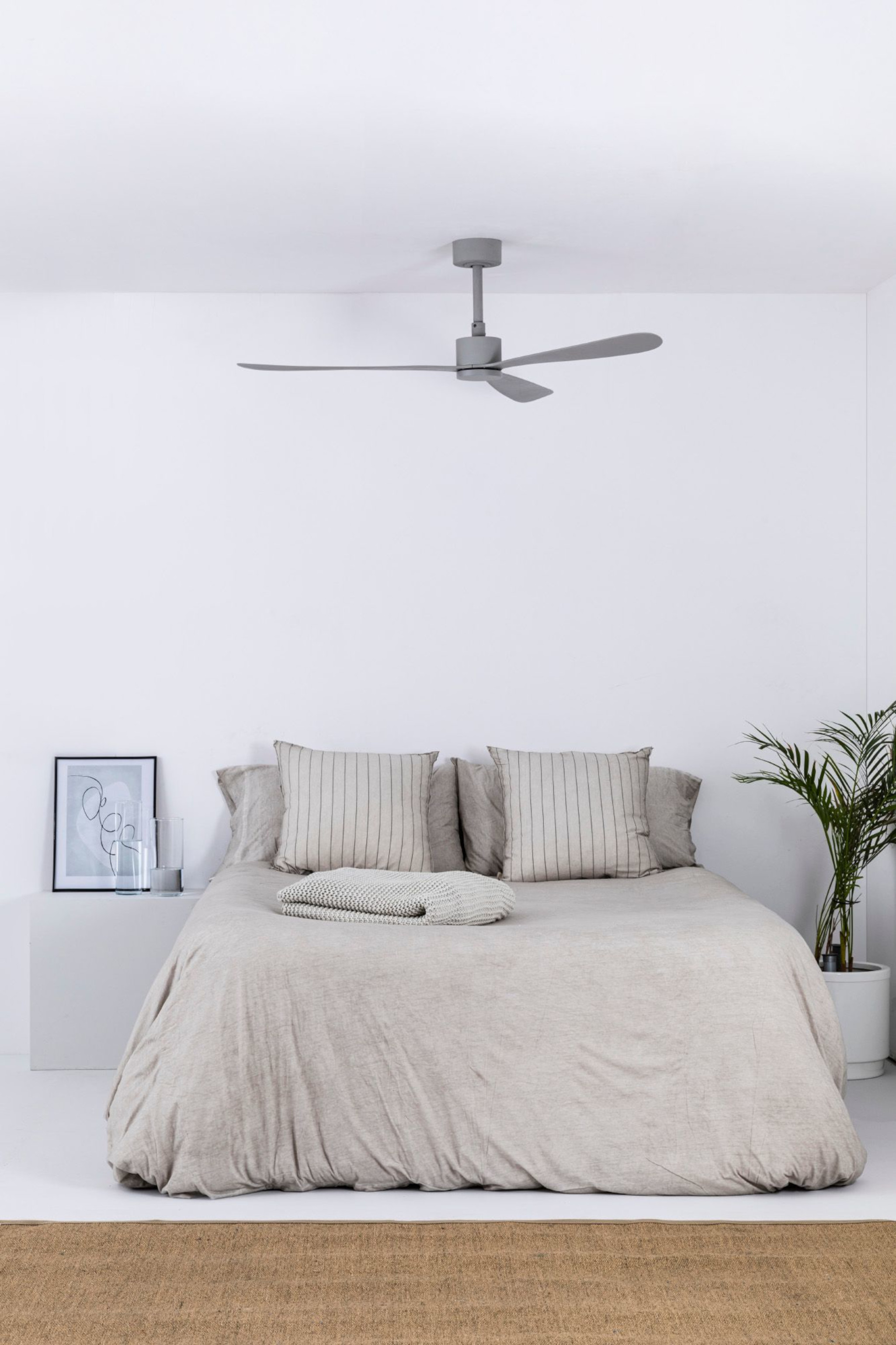 Schlafzimmer mit Bett, Kissen, Deckenventilator und Pflanze rechts. Weiße Wände.