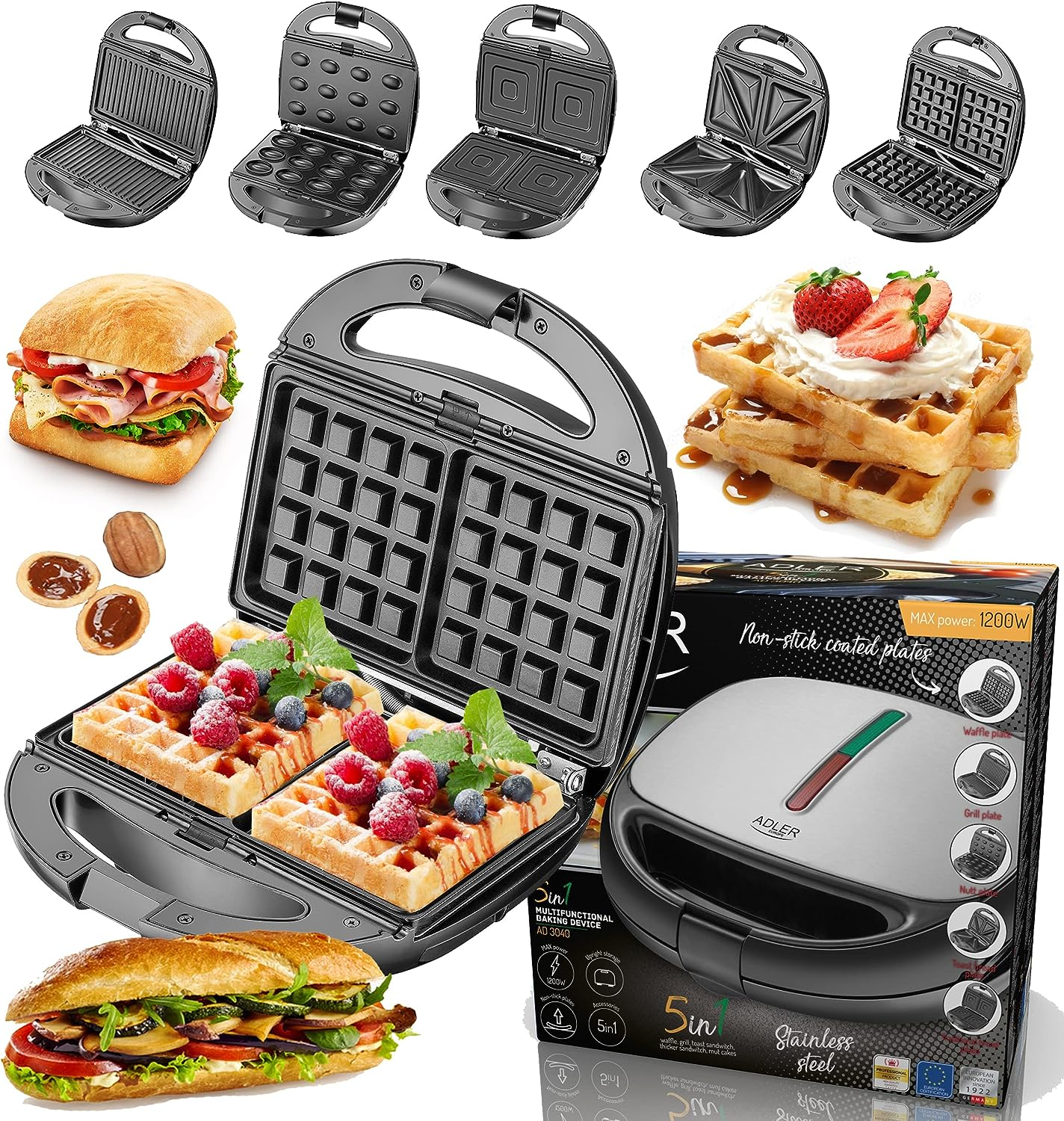 Waffeleisen mit Waffeln und verschiedenen Belägen, Sandwiches und einem Waffeleisen.