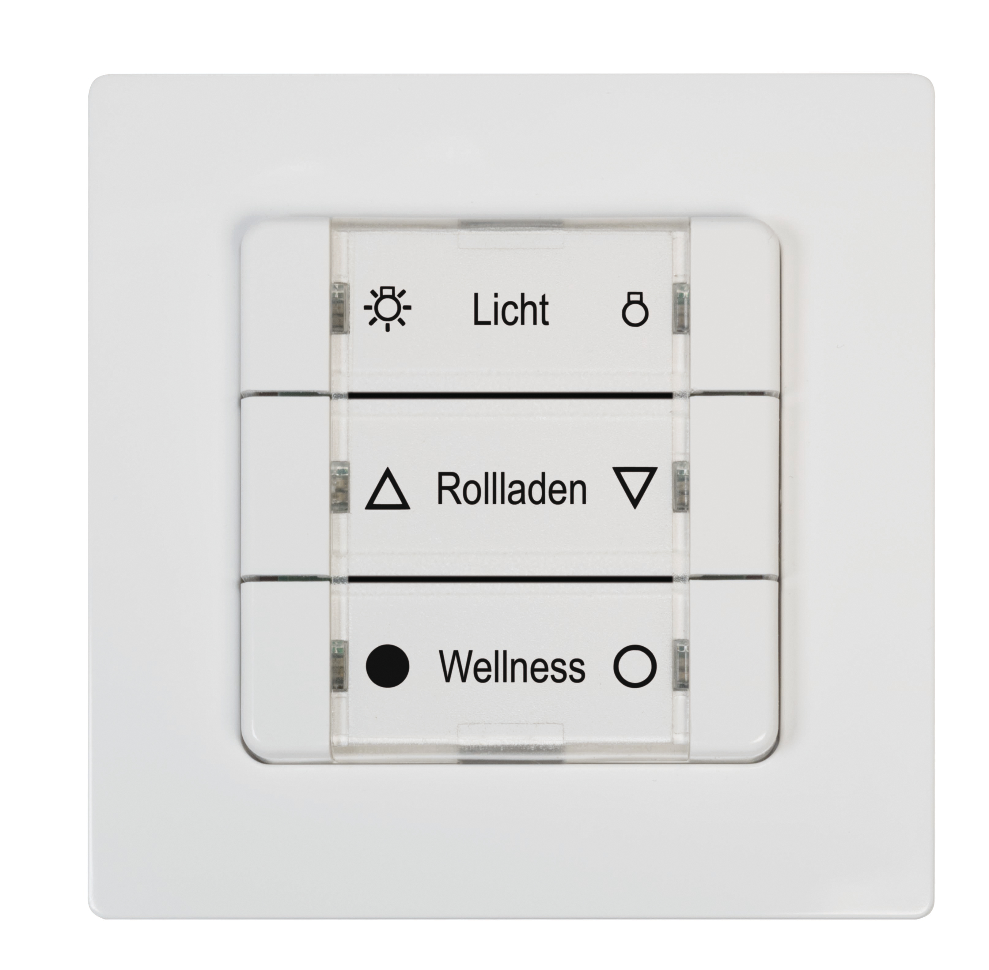 Weißer Lichtschalter mit drei Tasten: Licht, Rollladen, Wellness.