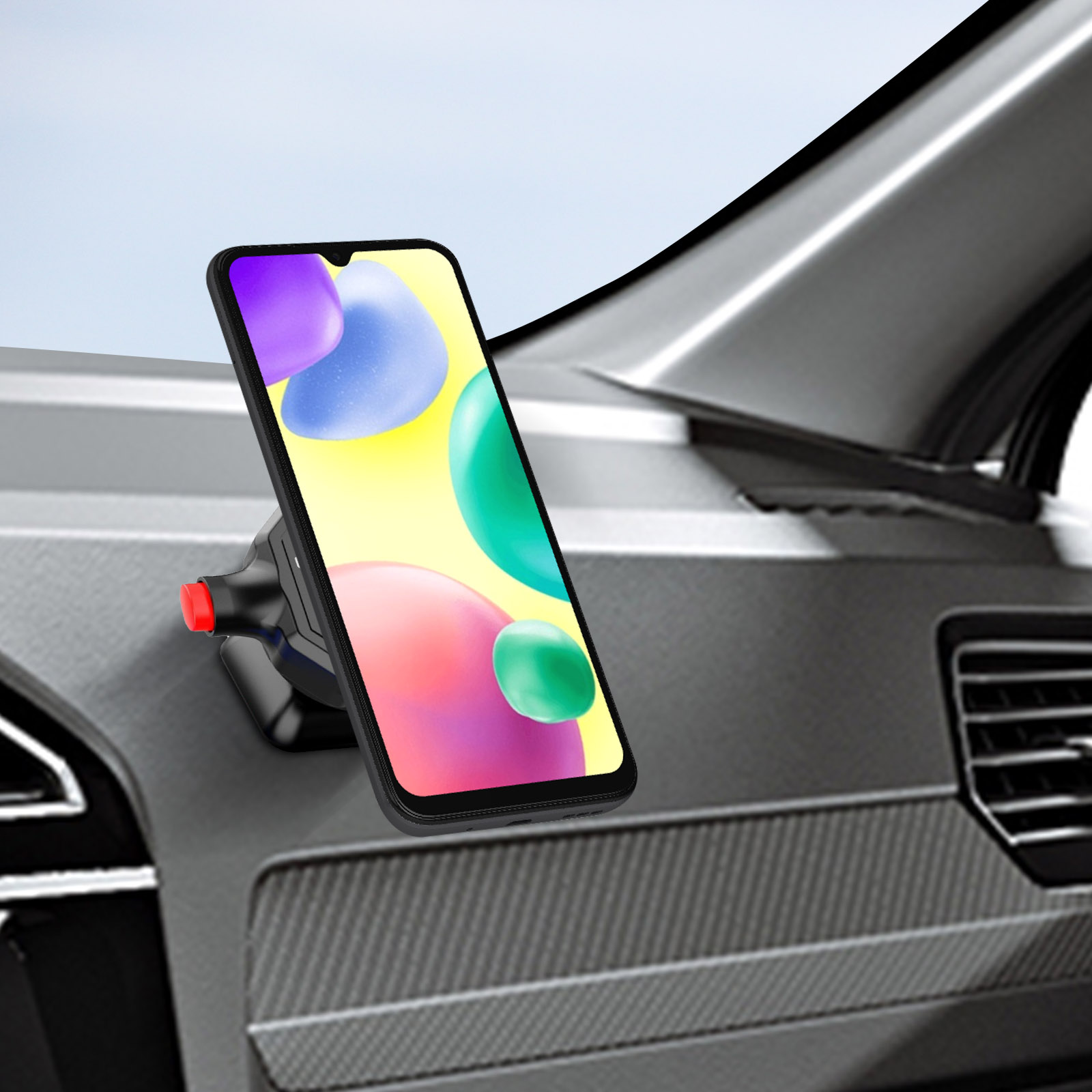 Smartphone auf dem Armaturenbrett eines Autos montiert, mit bunten abstrakten Formen.