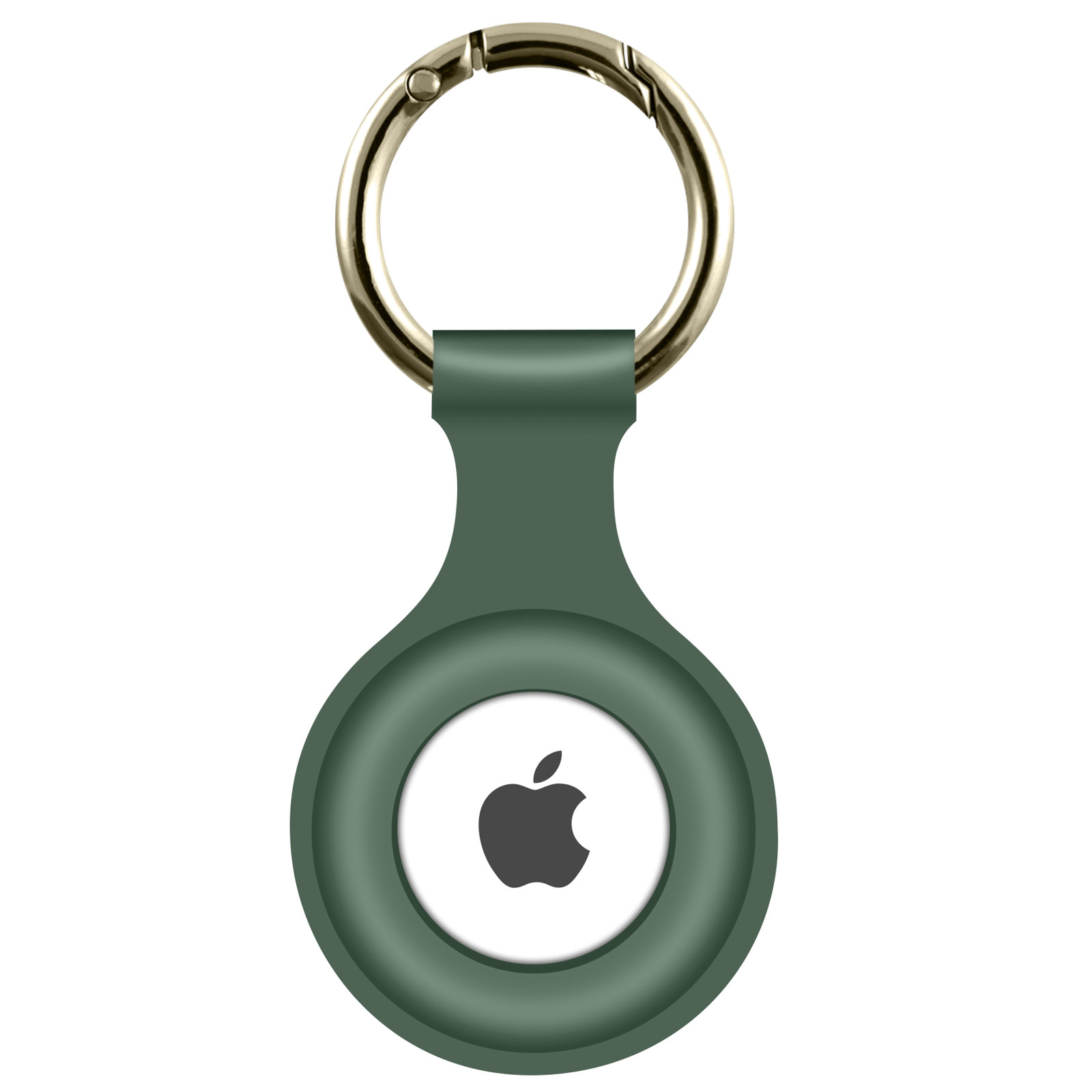 Un Apple AirTag verde oliva con un portachiavi. Il logo Apple è visibile.