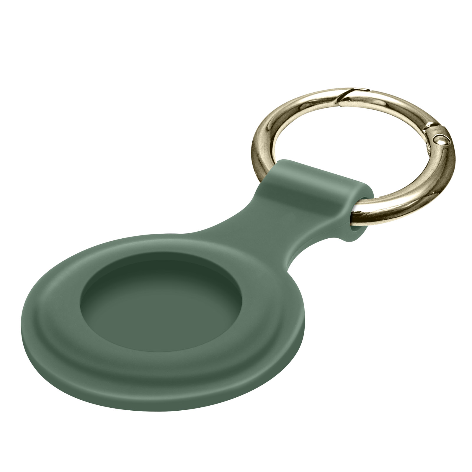 Un supporto AirTag in silicone verde con un portachiavi argentato, su sfondo bianco.