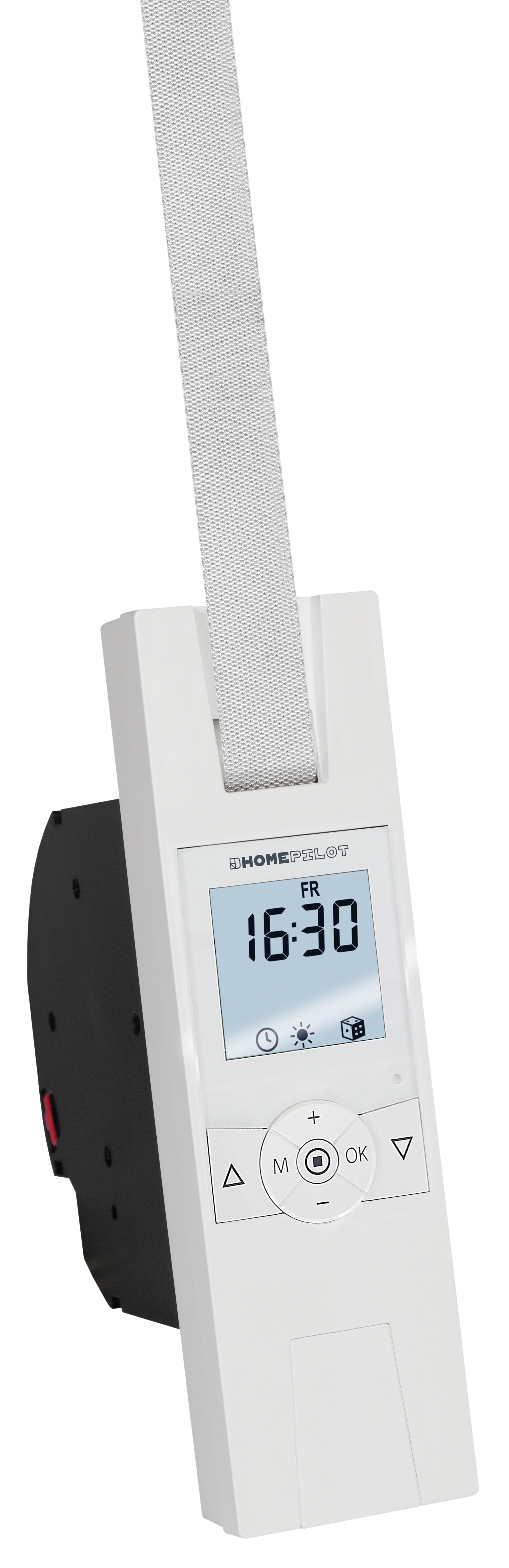 Ein weißer Smart-Home-Controller, der die Uhrzeit und ein Jalousien-Symbol anzeigt.